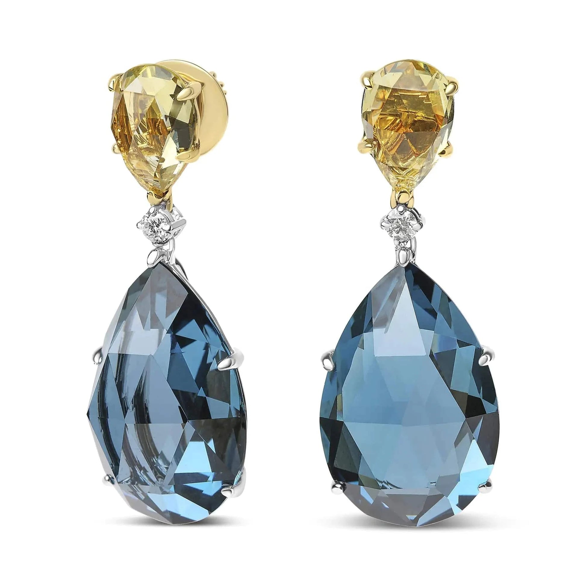 18K White and Yellow Gold 1/5 Cttw Diamond with Pear Cut Lemon Quartz and Pear Cut London Blue Topaz Gemstone Dangle Earring (G-H Color, SI1-SI2 Clarity) - Carat&Crown