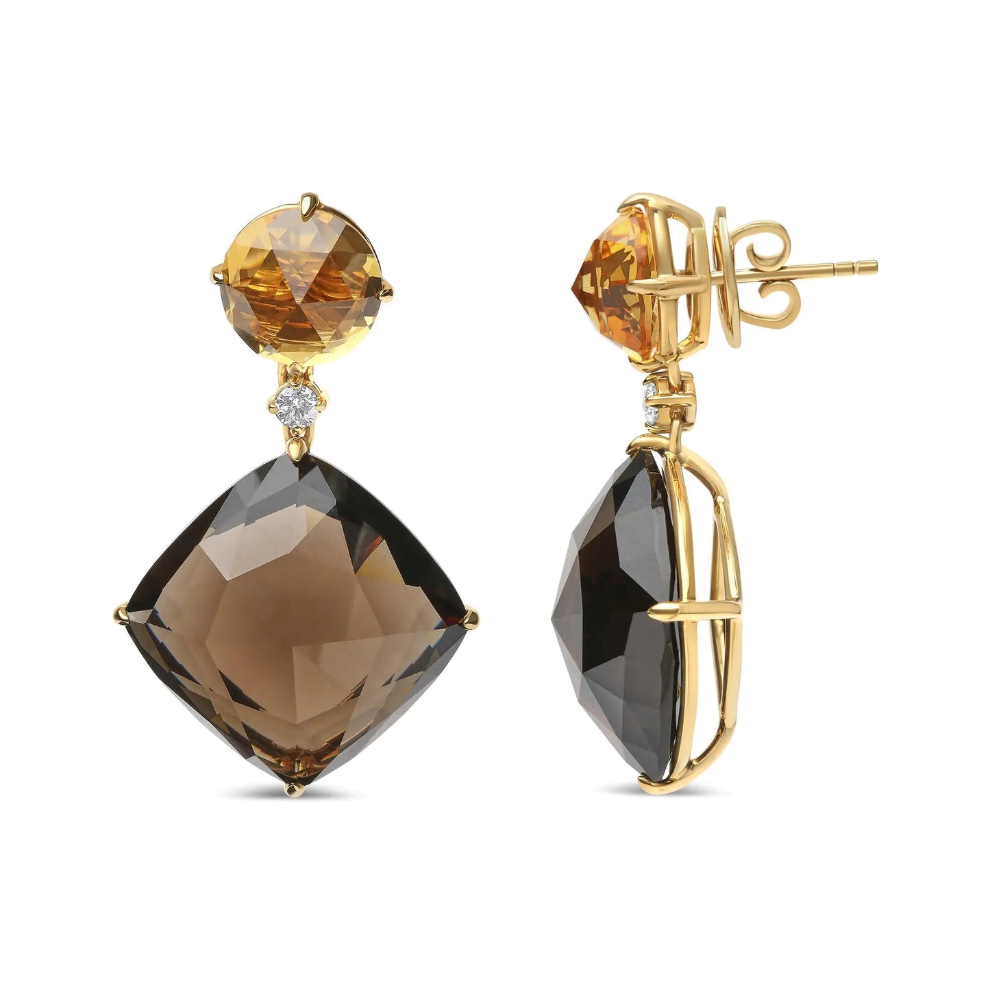 18K Yellow Gold 1/5 Cttw Diamond with Round Yellow Citrine and 25mm Cushion Cut Smoky Quartz Gemstone Dangle Earring (G-H Color, SI1-SI2 Clarity)