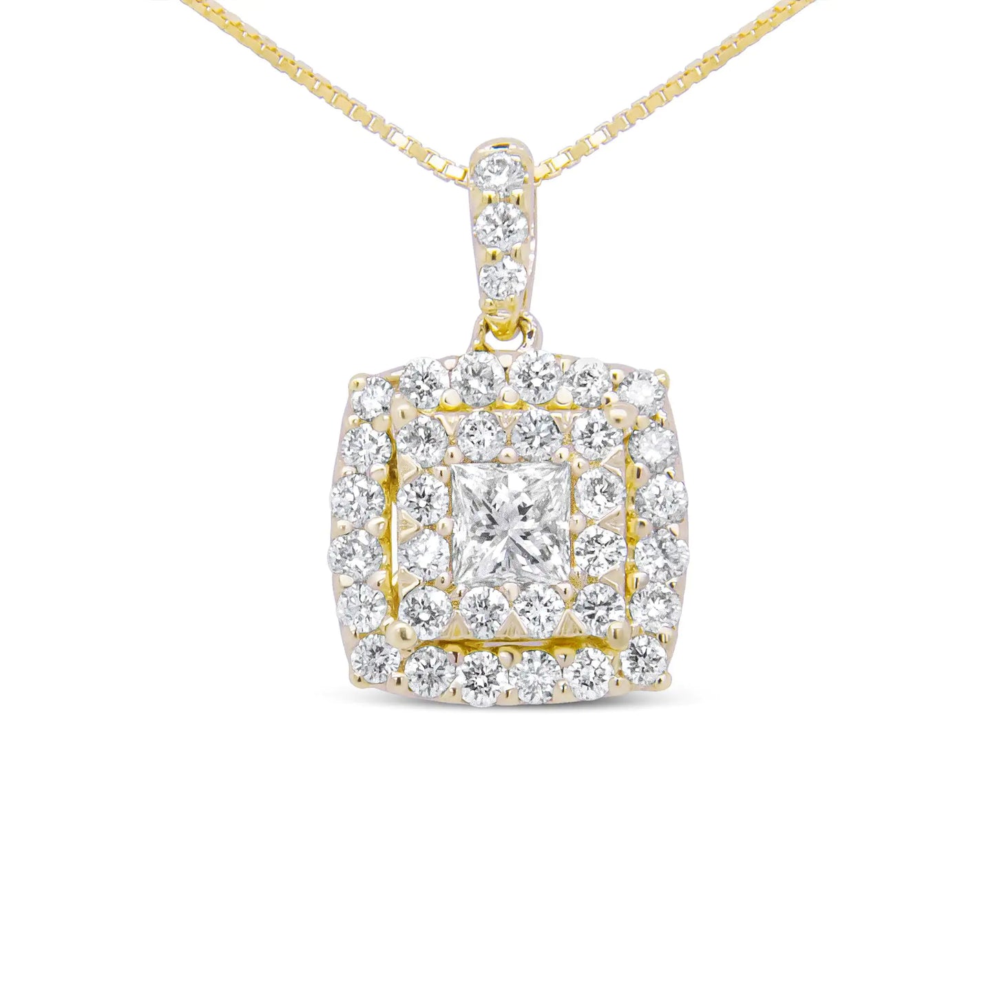 14K Yellow Gold 1/2 Cttw Round and Princess-Cut Diamond Double Halo 18" Pendant Necklace  (H-I Color, SI2-I1 Clarity)