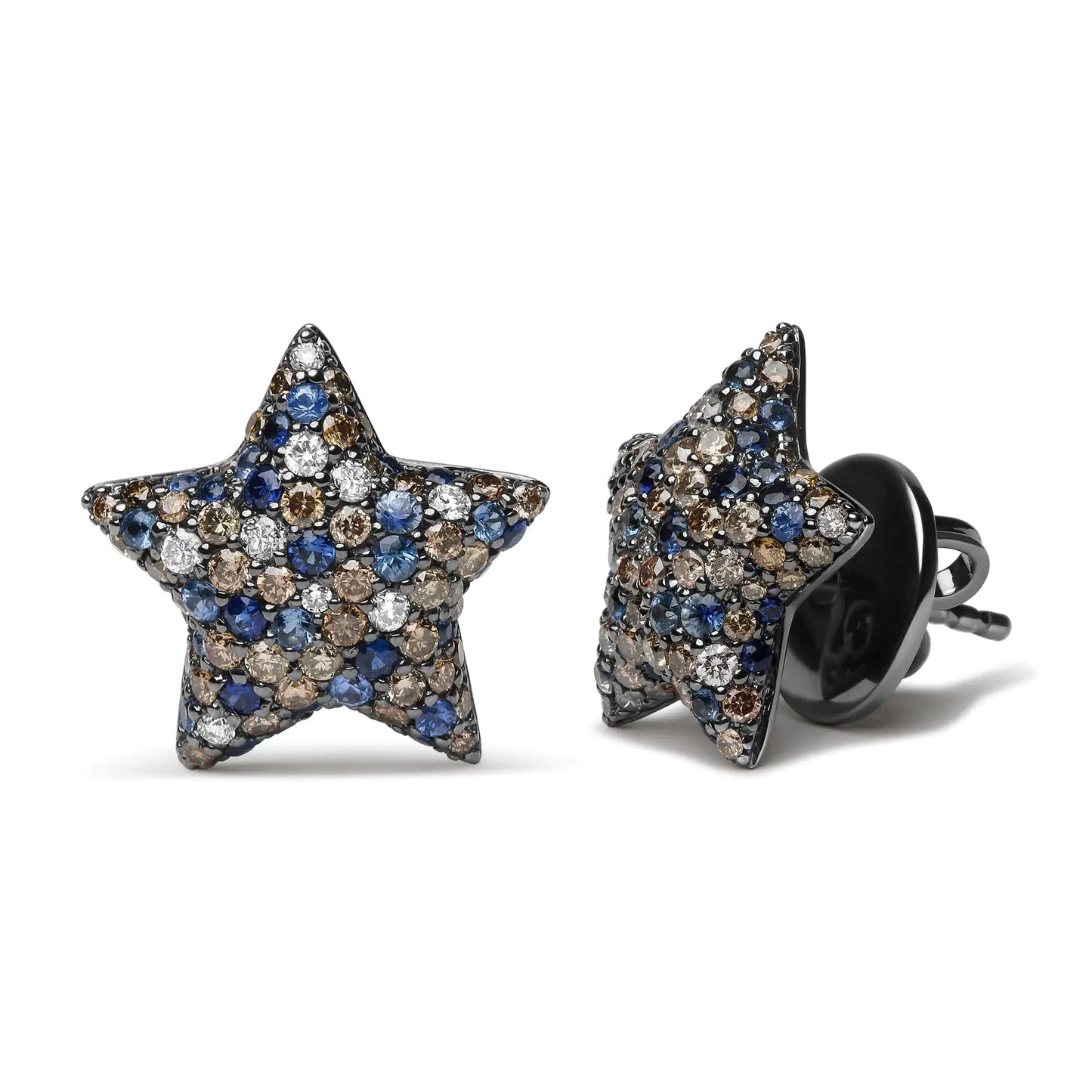 Black Rhodium Plated 18K White Gold 1.00 Cttw Diamond and Round Blue Sapphire Gemstone Micro-Pave Star Stud Earrings (Brown and G-H Color, SI1-SI2 Clarity)