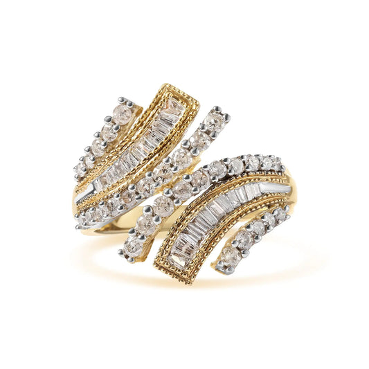 10K Yellow Gold 1.0 Cttw Round and Baguette Diamond Woven Bypass Ring (H-I,I1-I2)