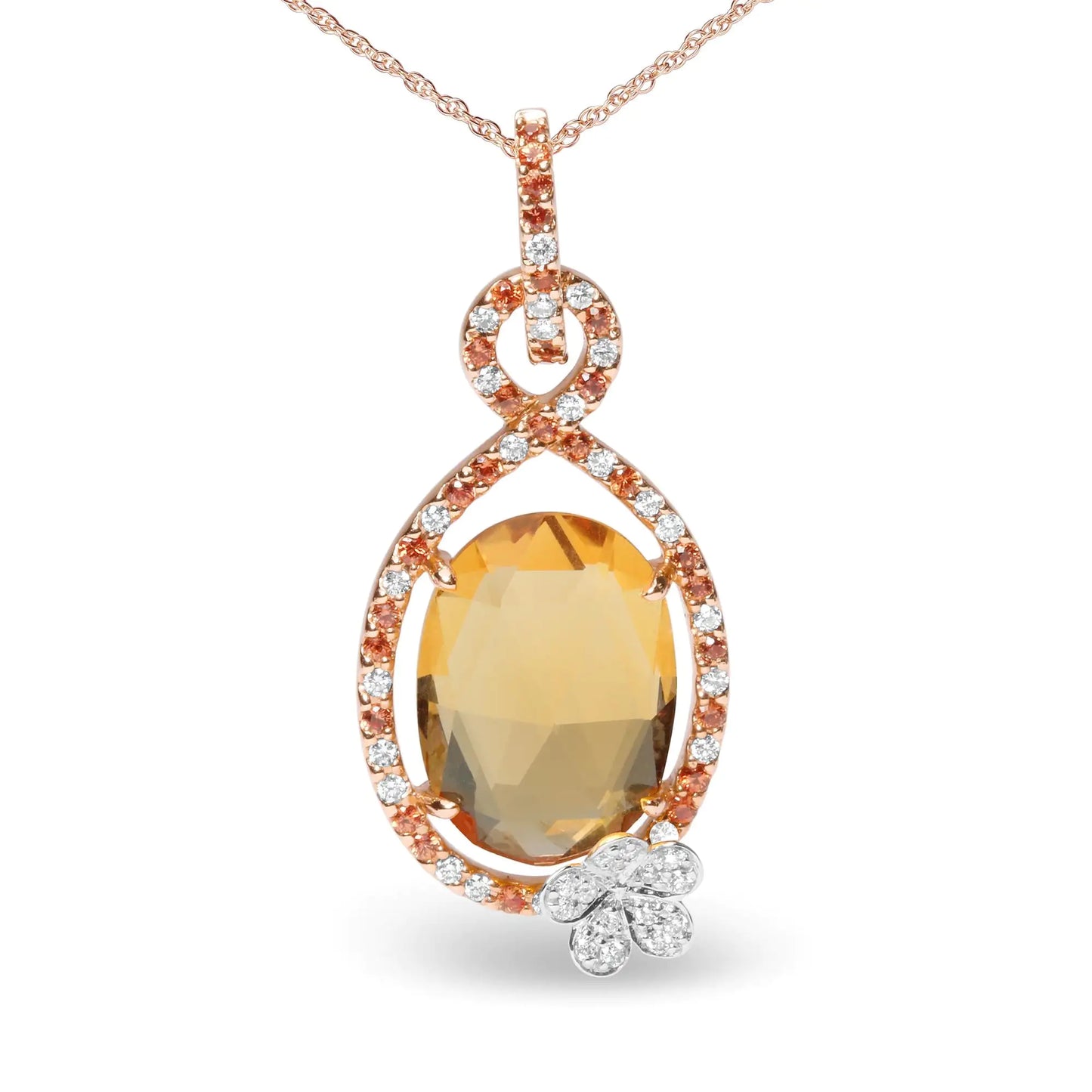 18K Rose Gold 1/5 Cttw Diamond and Oval Yellow Citrine and Round Orange Sapphire Gemstone Openwork Halo Teardrop with Flower Design 18" Pendant Necklace (G-H Color, SI1-SI2 Clarity)