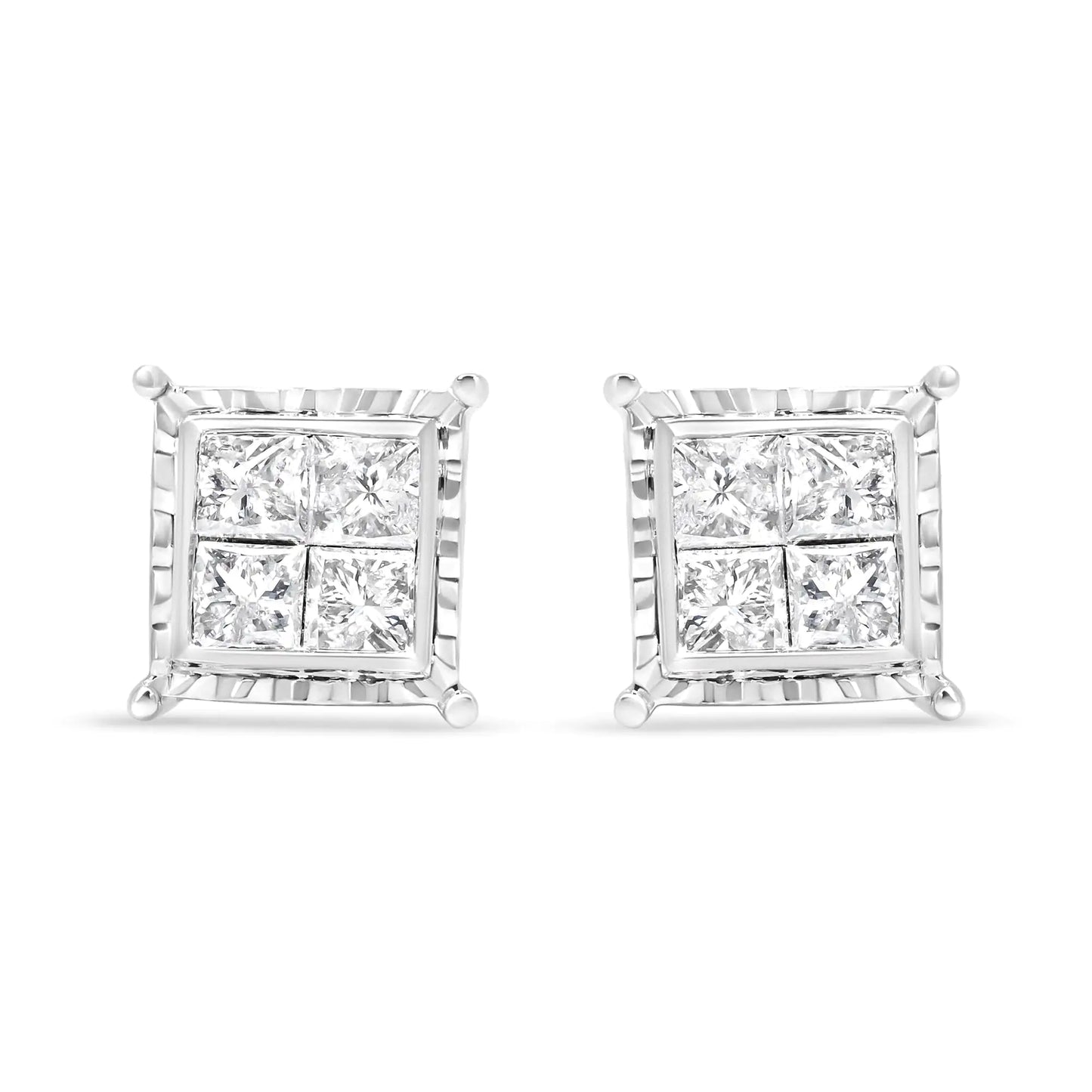 14K White Gold 1 1/2 Cttw Invisible Set Princess-Cut Diamond Contemporary Wavy Quad Stud Earrings (I-J Color, I1-I2 Clarity)