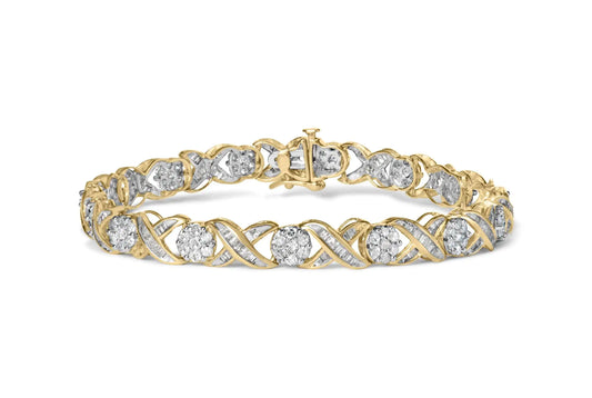 10K Yellow Gold 3.00 Cttw Round-Cut and Baguette-Cut Diamond 'XOXO' Floral Design 7.50" Bracelet (J-K Color, I1-I2 Clarity)