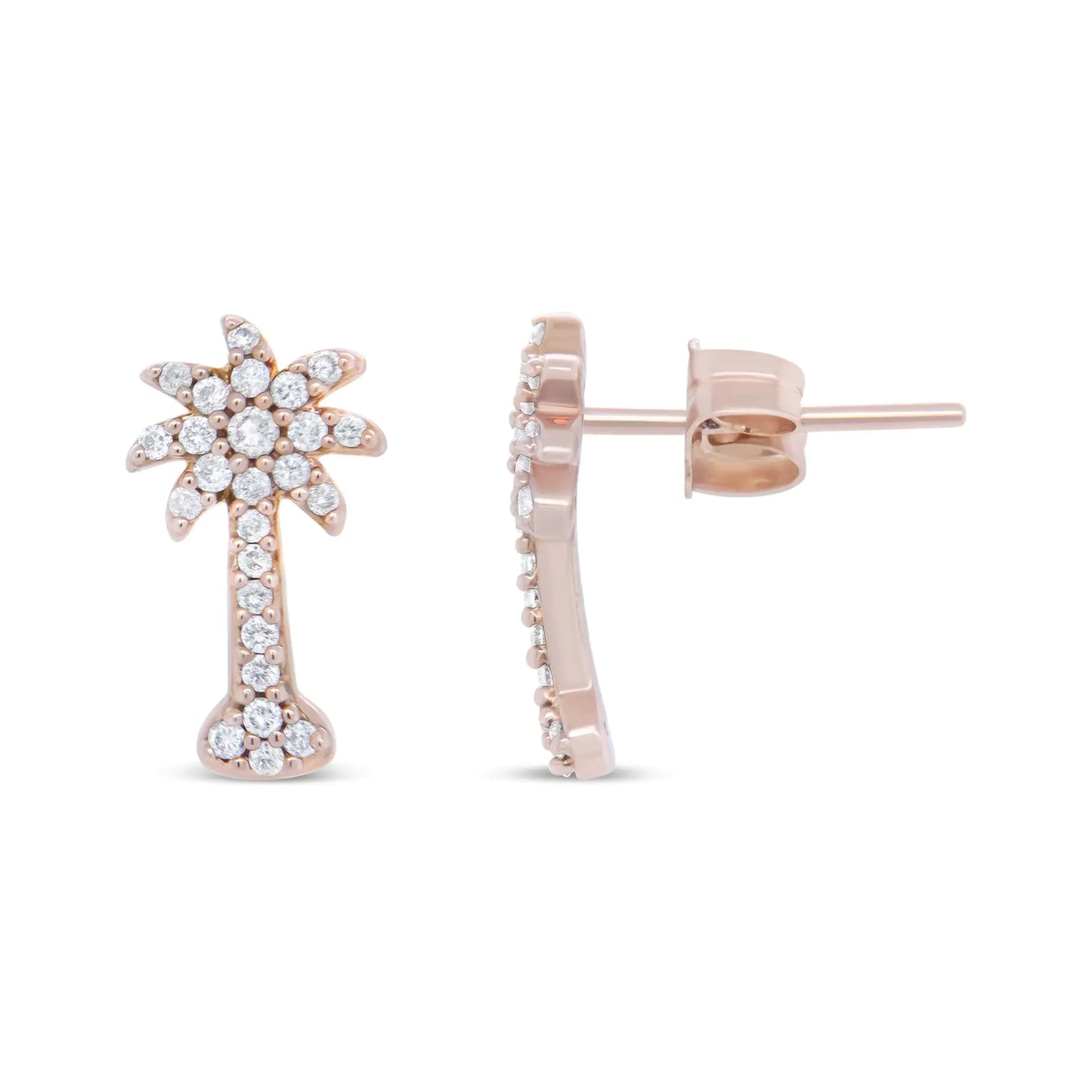 10K Rose Gold 1/4 Cttw Diamond Palm Tree Push Back Stud Earrings (H-I Color, I1-I2 Clarity)