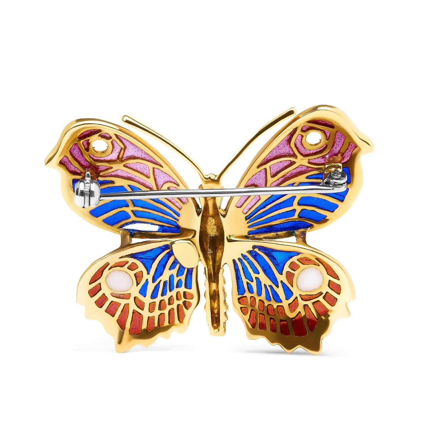 18K Yellow Gold Red, Blue, and White Enameled Butterfly Brooch Pin