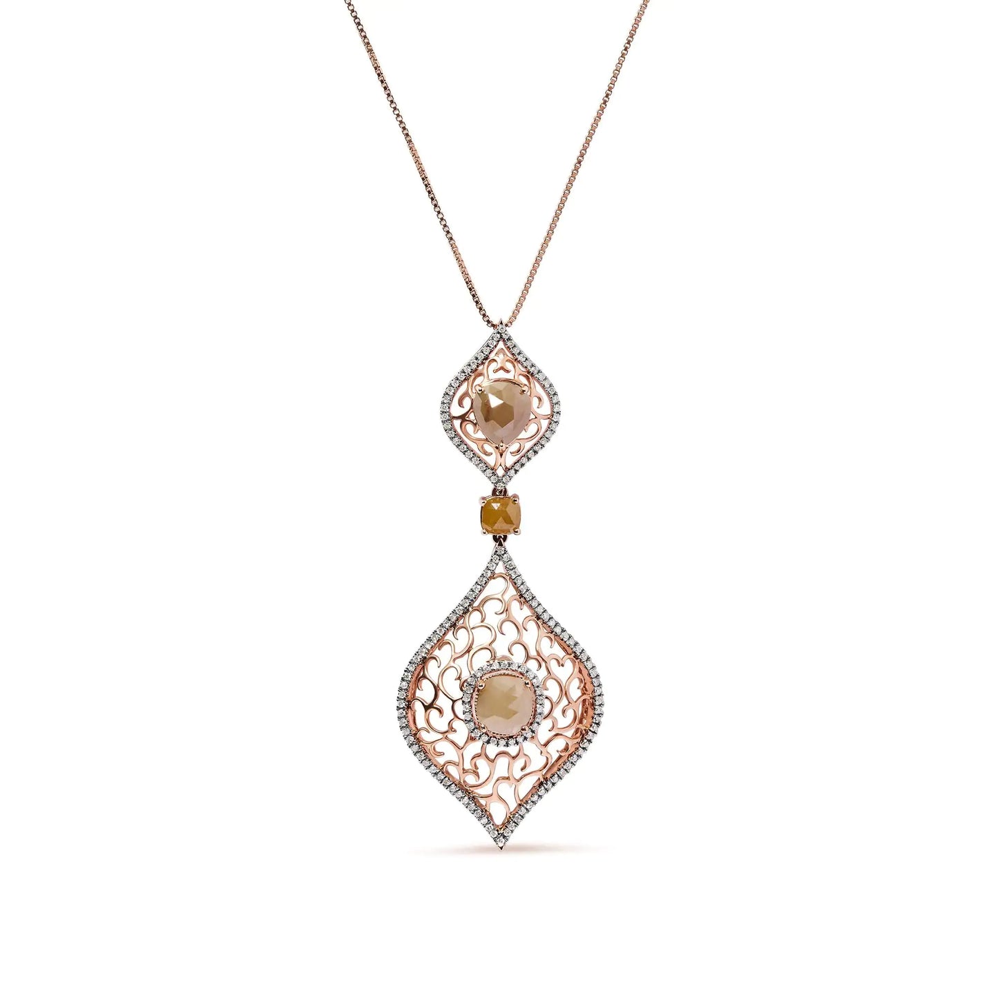 14K Rose Gold 4 5/8 Cttw Rose Cut Diamond and White Diamond Double Floral Rhombus 18" Inch Pendant Necklace (Brown/I-J Color, I1-I2 Clarity)