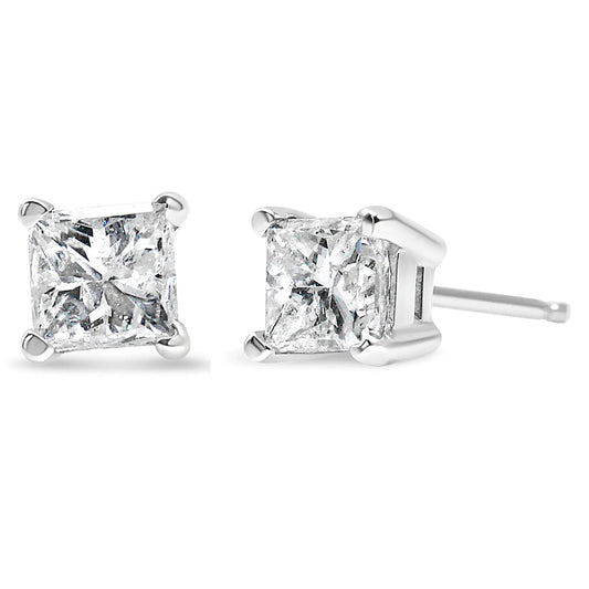 AGS Certified 1/4 Cttw Princess-Cut Square Diamond 4-Prong Solitaire Stud Earrings in 14K White Gold (G-H Color, I1-I2 Clarity)