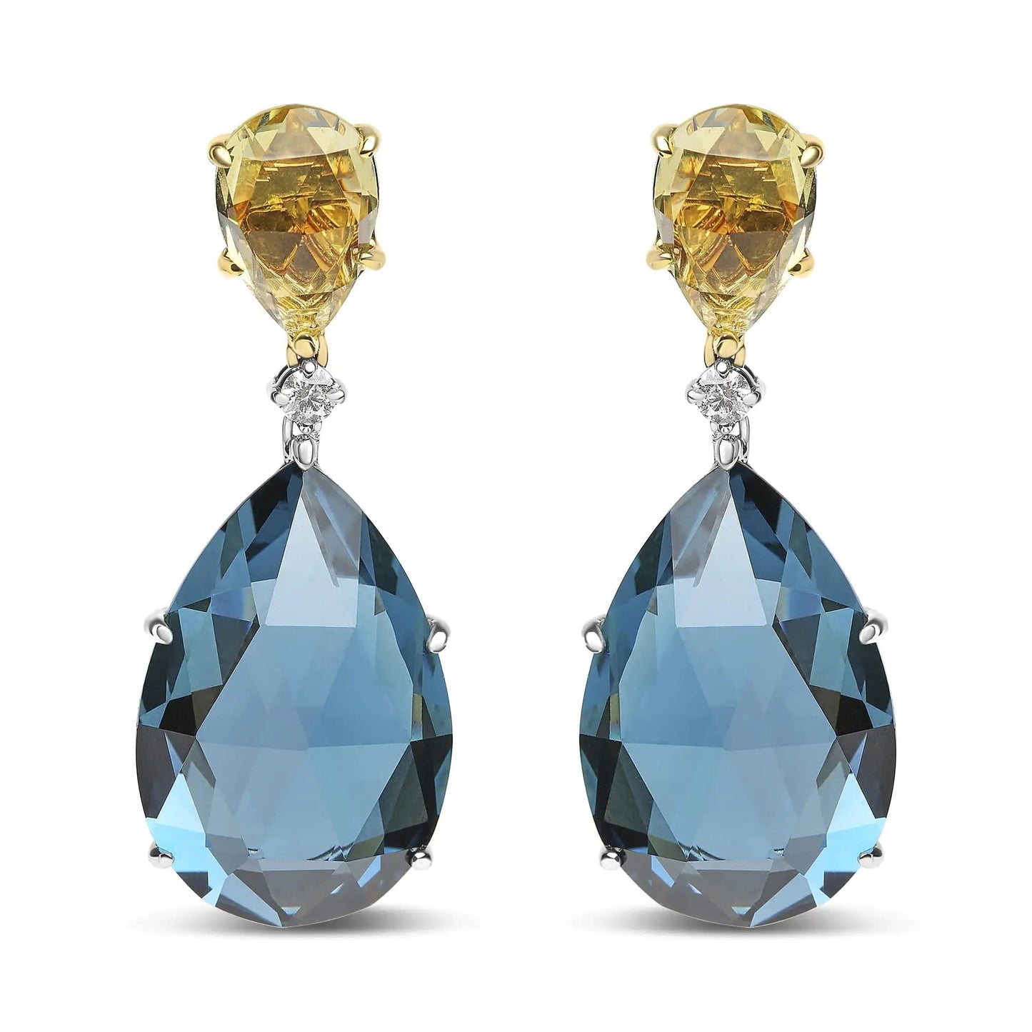 18K White and Yellow Gold 1/5 Cttw Diamond with Pear Cut Lemon Quartz and Pear Cut London Blue Topaz Gemstone Dangle Earring (G-H Color, SI1-SI2 Clarity)