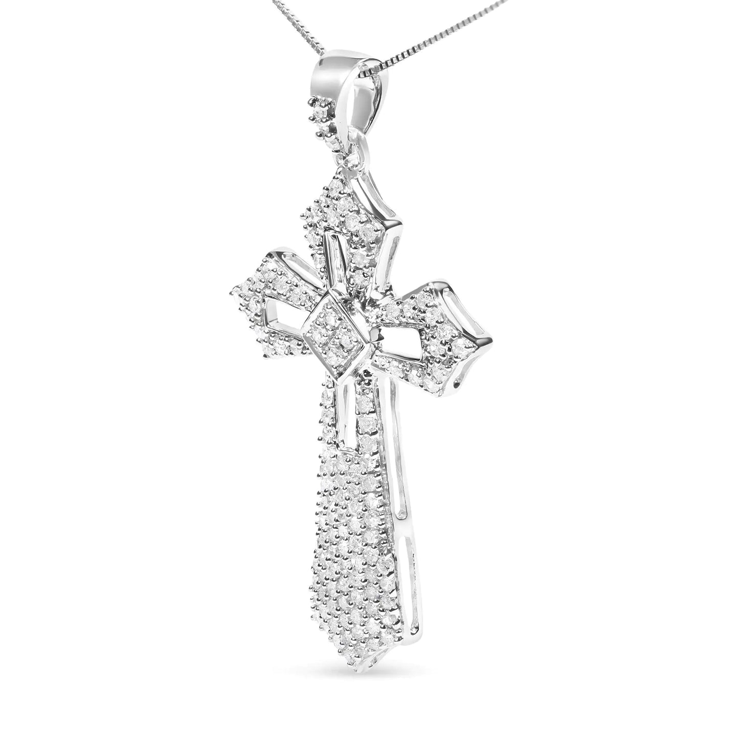 .925 Sterling Silver 1.00 Cttw Diamond Fleur De Lis Cross 18" Pendant Necklace (H-I Color, I2-I3 Clarity)