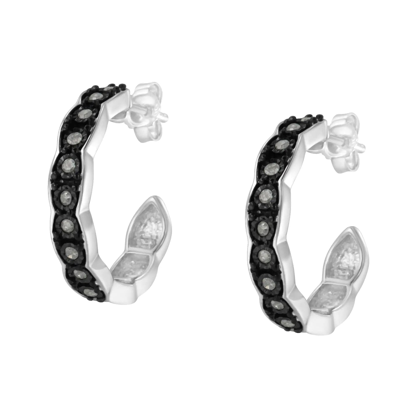 Black Rhodium and .925 Sterling Silver 1/4 cttw Miracle Plate Set Diamond "C" Shape Hoop Earring(I-J Color, I3 Clarity)