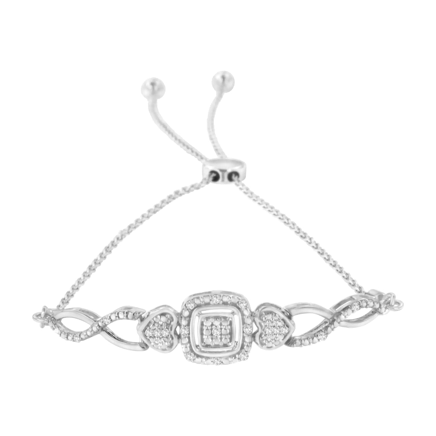 Sterling Silver Diamond Double Heart Bolo Bracelet (0.1 cttw, H-I Color, I2-I3 Clarity)