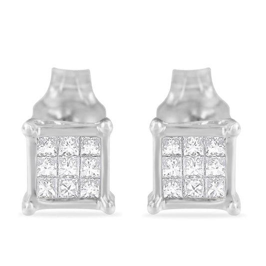 Sterling Silver Multi-stone Princess-cut Diamond Stud Earring (0.2 cttw, H-I Color, I1-I2 Clarity)