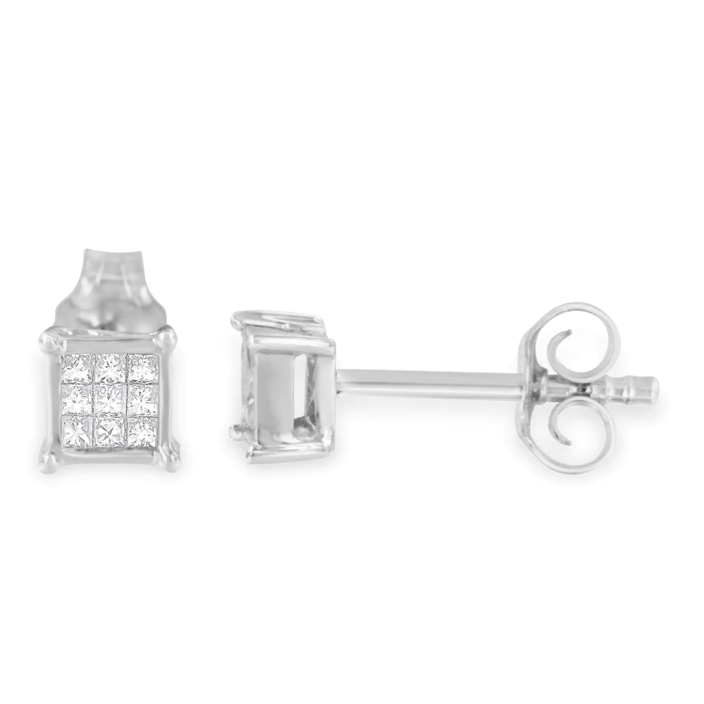 Sterling Silver Multi-stone Princess-cut Diamond Stud Earring (0.2 cttw, H-I Color, I1-I2 Clarity)