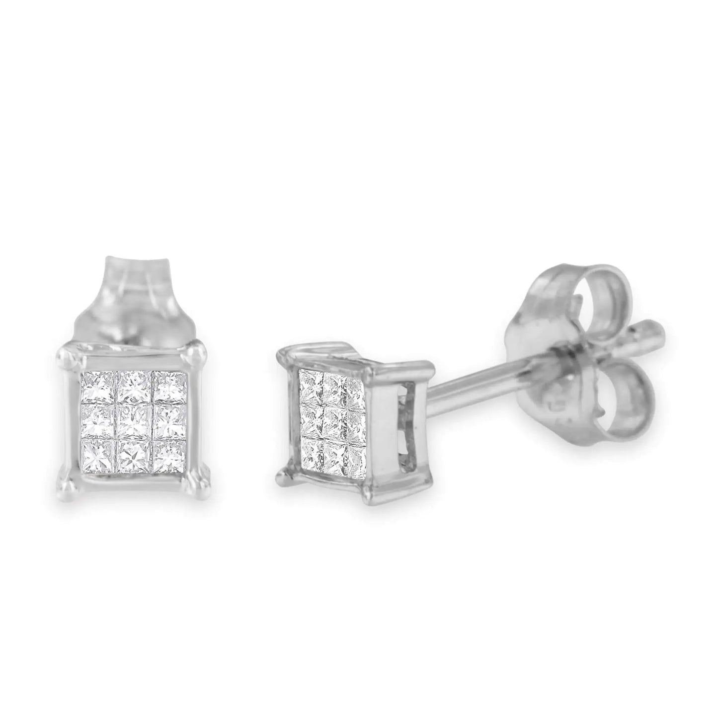 Sterling Silver Multi-stone Princess-cut Diamond Stud Earring (0.2 cttw, H-I Color, I1-I2 Clarity)