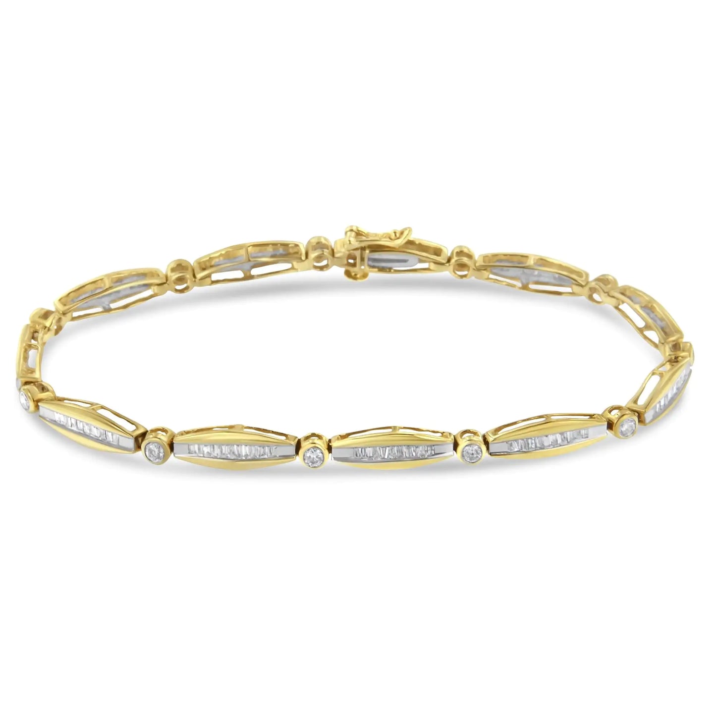 14K Yellow Gold 1-1/2 Cttw Round Brilliant-Cut & Baguette Cut Diamond Bezel and Tapered Link 7" Tennis Bracelet (H-I Color, I1-I2 Clarity)