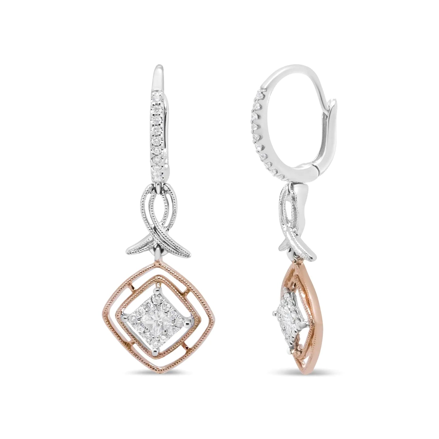 14K White and Rose Gold 1/2 Cttw Round and Princess-Cut Diamond Openwork Marquise Ribbon Dangle Earring (G-H Color, SI2-I1 Clarity)