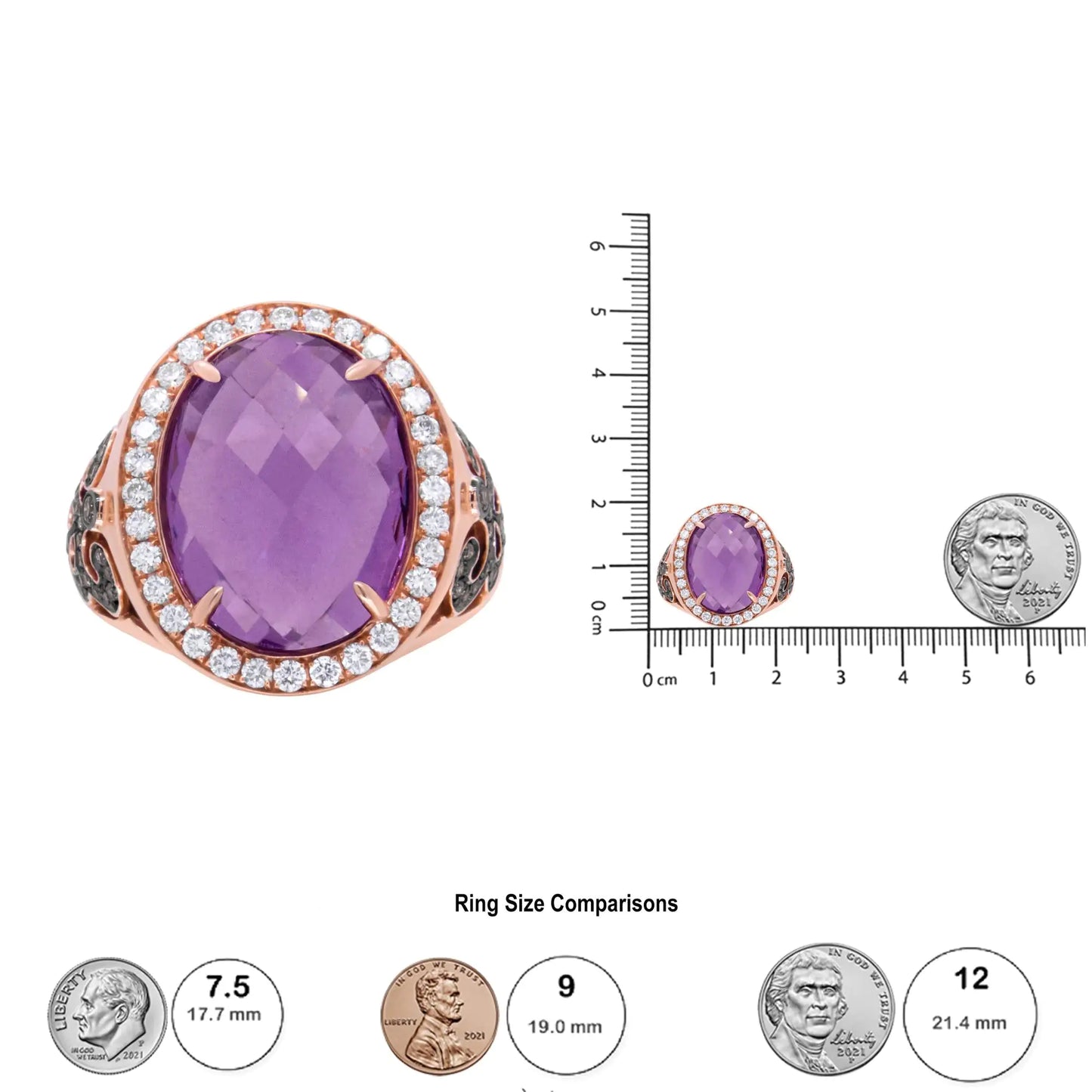 18K Rose Gold 18x13 MM Oval Cut Purplse Amethyst and 1.00 Cttw Diamond Cocktail Ring (Champagne and F-G Color, VS1-VS2 Clarity)