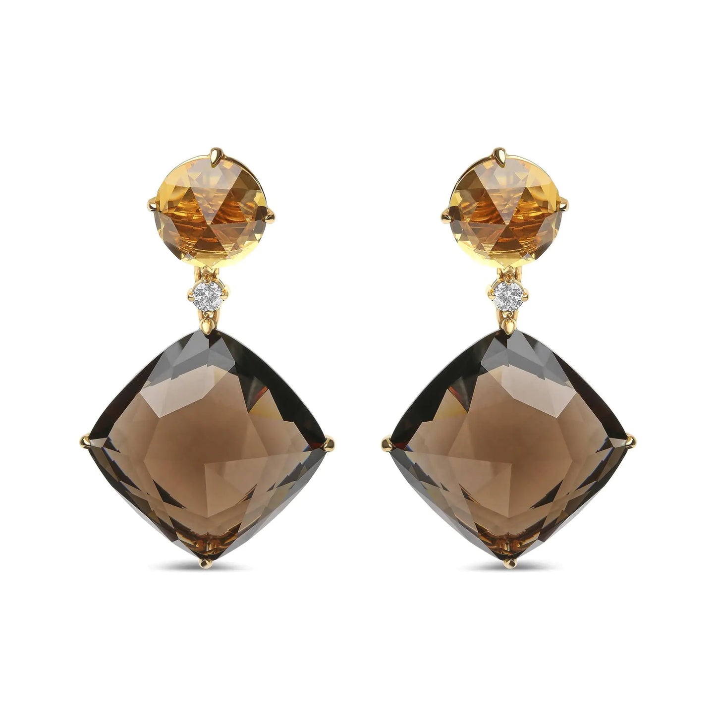 18K Yellow Gold 1/5 Cttw Diamond with Round Yellow Citrine and 25mm Cushion Cut Smoky Quartz Gemstone Dangle Earring (G-H Color, SI1-SI2 Clarity)