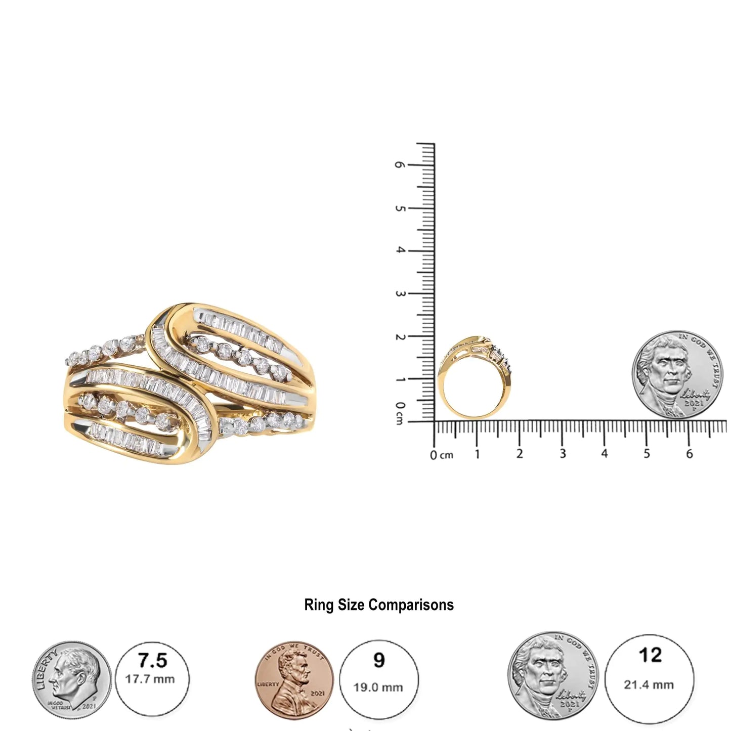 10K Yellow Gold 1/2 Cttw Round and Baguette cut Diamond Open Space Bypass Ring (H-I Color, SI2-I1 Clarity)