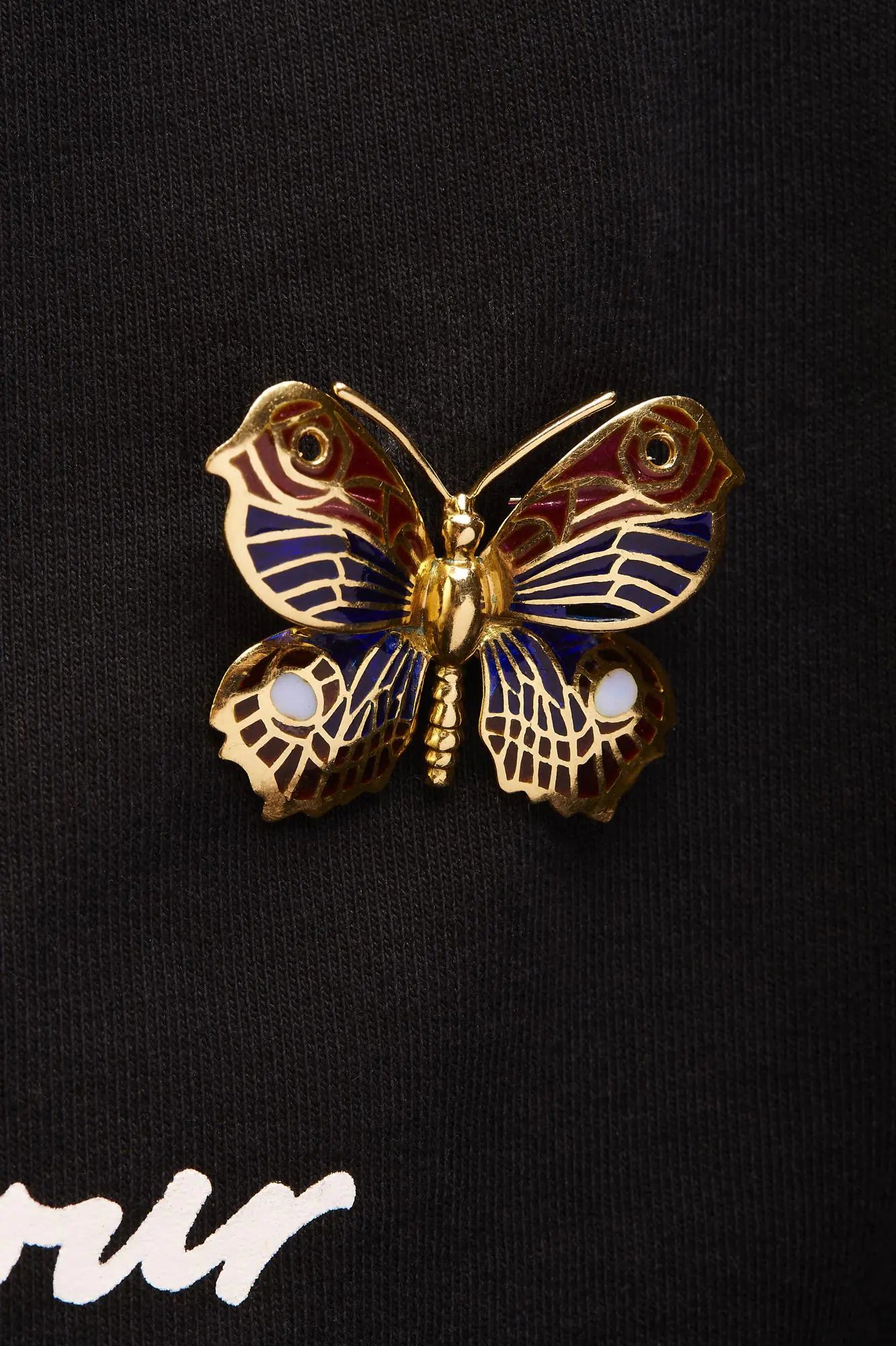 18K Yellow Gold Red, Blue, and White Enameled Butterfly Brooch Pin