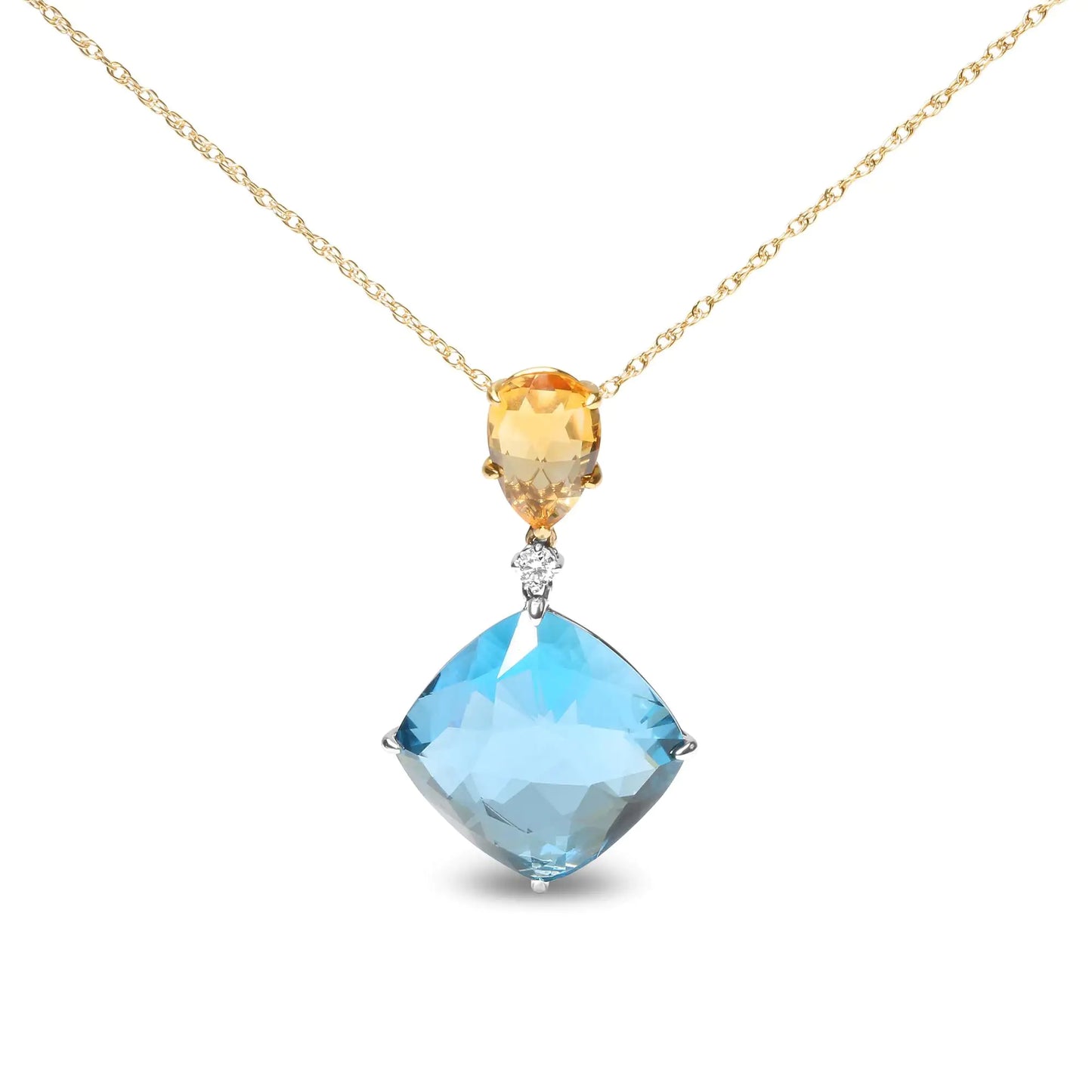 18K White and Yellow Gold Diamond Accent and Pear Cut Lemon Quartz and Cushion Cut London Blue Topaz Gemstone Dangle Drop 18" Pendant Necklace (G-H Color, SI1-SI2 Clarity)