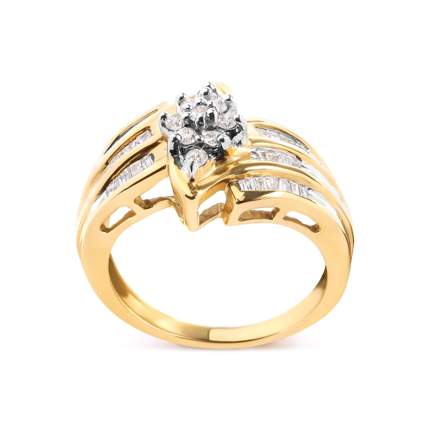 10K Yellow Gold 1/2 Cttw Round And Baguette-cut Diamond Cluster Head and Channel Set Shank Ring (H-I Color, I1-I2 Clarity)