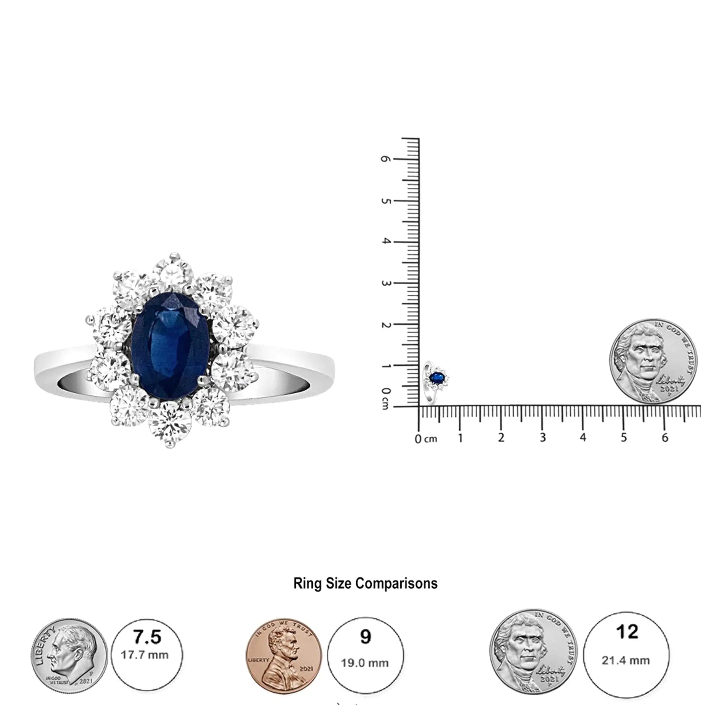 18K White Gold 7x5 mm Oval Cut Blue Sapphire and Round Diamond 3/4 Cttw Sunburst Halo Ring (F-G Color, VS1-VS2 Clarity)