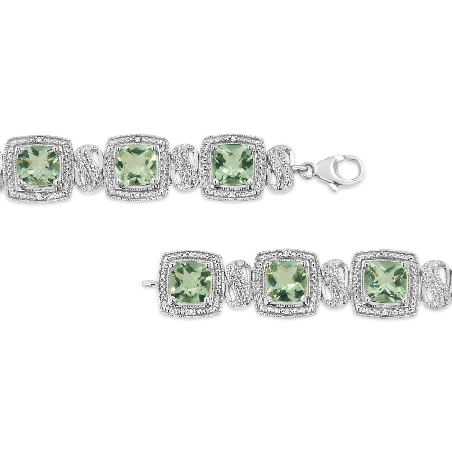 .925 Sterling Silver 7x7 mm Cushion Cut Green Amethyst and 1/10 cttw Single Cut Diamond Square Shape Tennis Bracelet (I-J Color, I1-I2 Clarity) - 7"