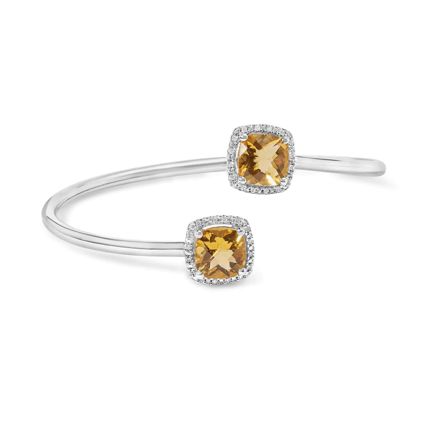 .925 Sterling Silver 8mm Cushion Cut Yellow Citrine Gemstone and Diamond Accent Split Bypass Bangle Bracelet (H-I Color, SI1-SI2 Clarity)  - Fits up to 7.75" Inches