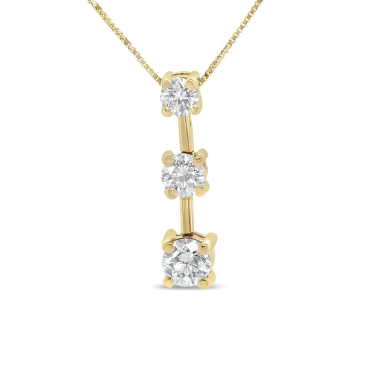 14K Gold Round Diamond Three-Stone Drop Pendant 18" Necklace - (H-I Color, SI1-SI2 Clarity)