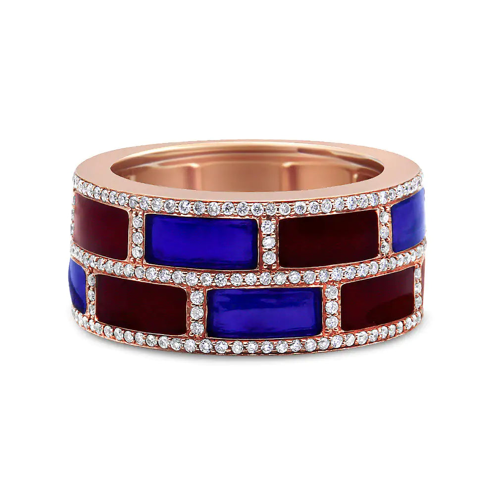 18K Rose Gold Alternating Red and Blue Enamel and 1/2 Cttw Diamond Studded Band Ring (F-G Color, VS1-VS2 Clarity)