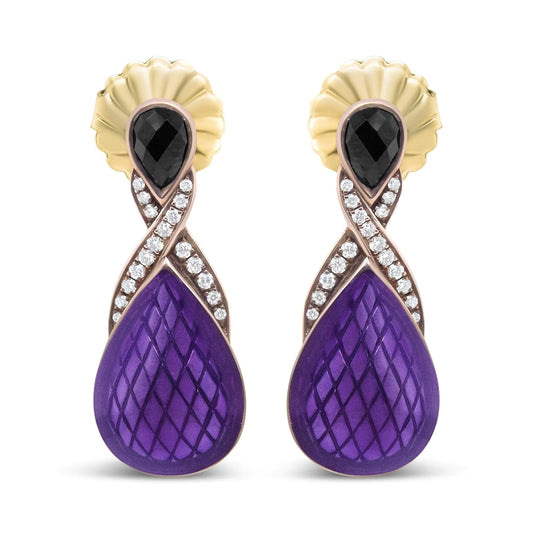 18K Rose Gold Flash Plated .925 Sterling Silver Purple Enamel 1/5 Cttw Round Pave-Set Diamond and 5.5 x 4mm Pear-Shaped Black Onyx Drop Earrings (F-G Color, VS1-VS2 Clarity)