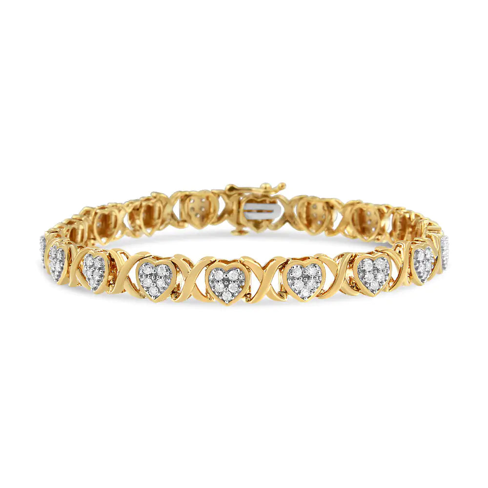 14KY Yellow Gold Plated .925 Sterling Silver 1.00 Cttw Diamond Heart and X Link Bracelet (I-J Color, I3 Clarity) - 7.25" Inches