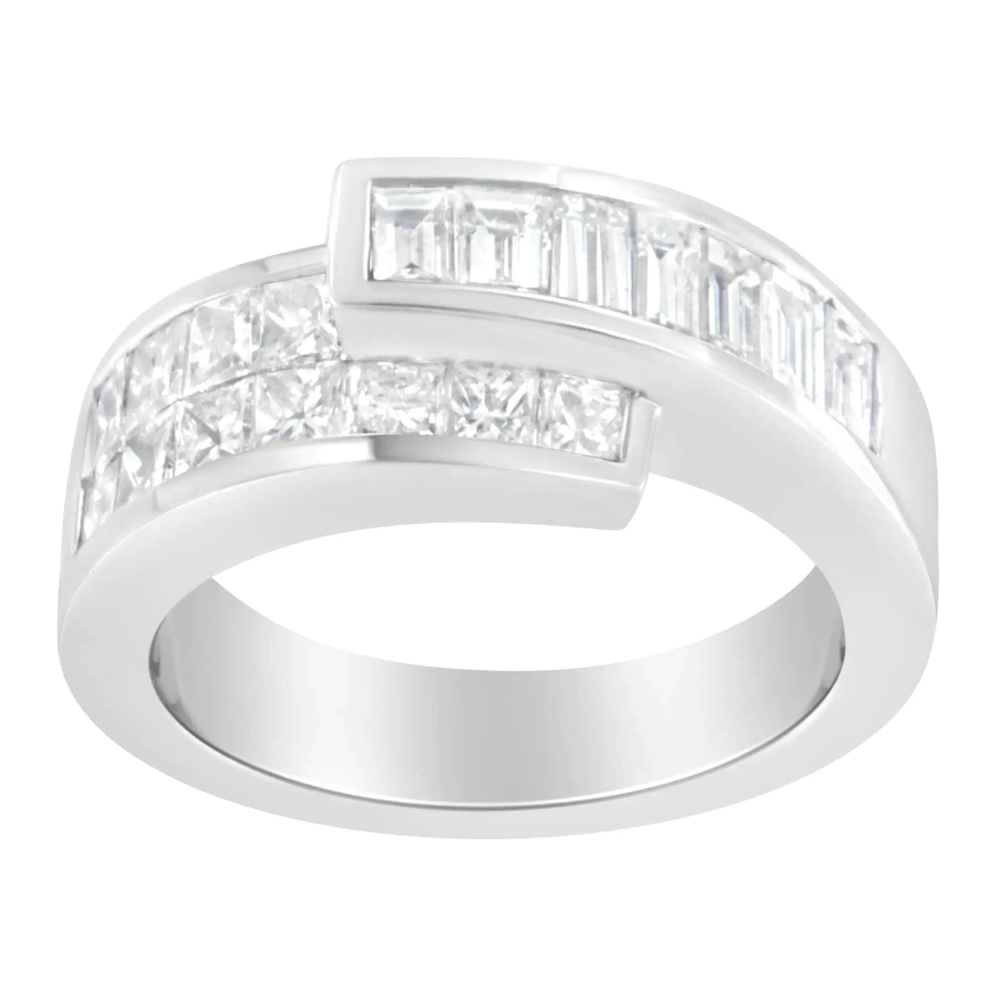 14K White Gold 2.0 Cttw Channel-Set Princess and Baguette-Cut Diamond Bypass Ring Band (G-H Color, SI1-SI2 Clarity) - Carat&Crown