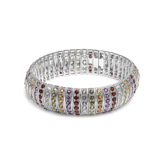 .925 Sterling Silver Multi Row Rainbow Gemstone  Bangle Bracelet - 7.5" Inches