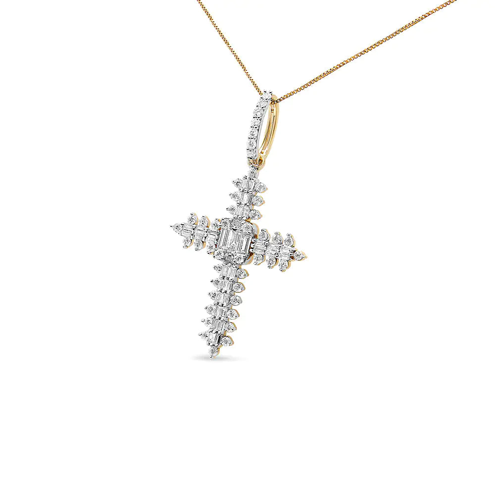 10K Yellow Gold 7/8 Cttw Round & Baguette Diamond Zigzag Pattern Cross Pendant Necklace (H-I Color, SI2-I1 Clarity) - NO CHAIN INCLUDED