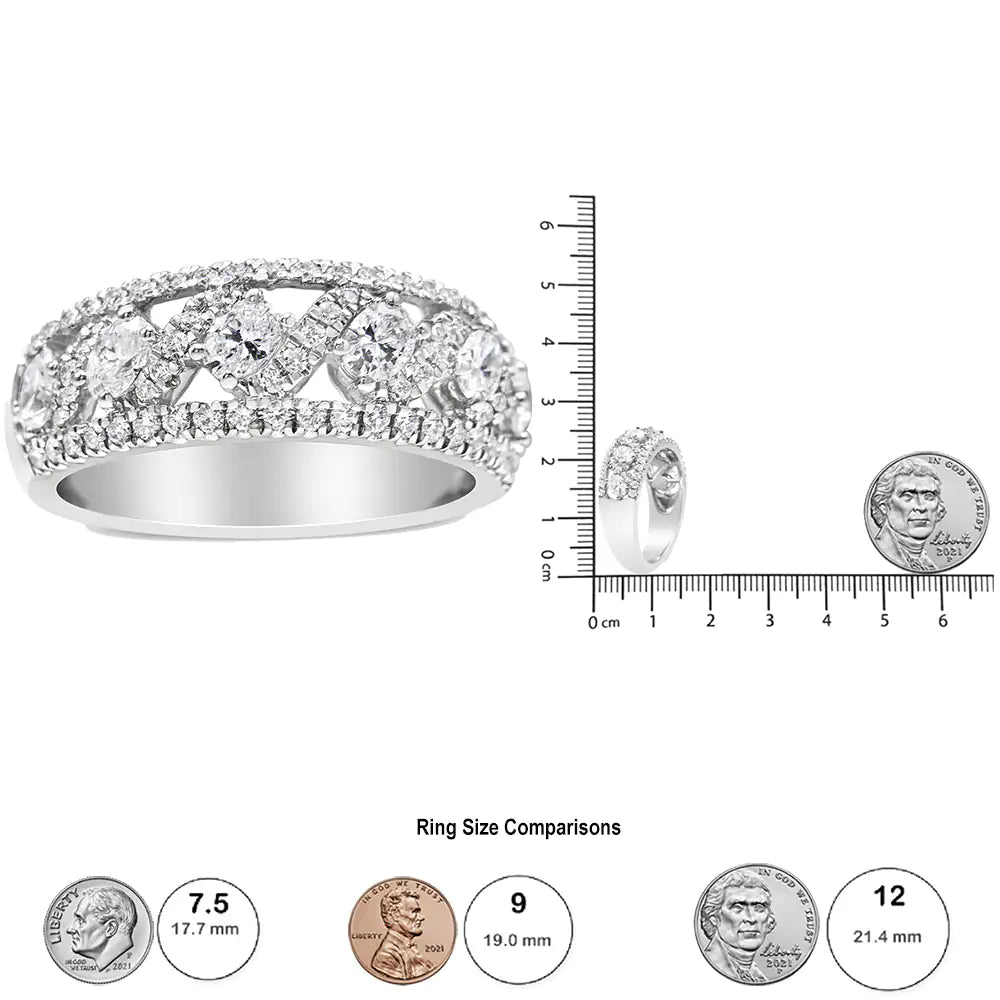 14K White Gold 1 1/4 Cttw Oval and Round Diamond Openwork Anniversary Ring ( H-I Color, I1-I2 Clarity)