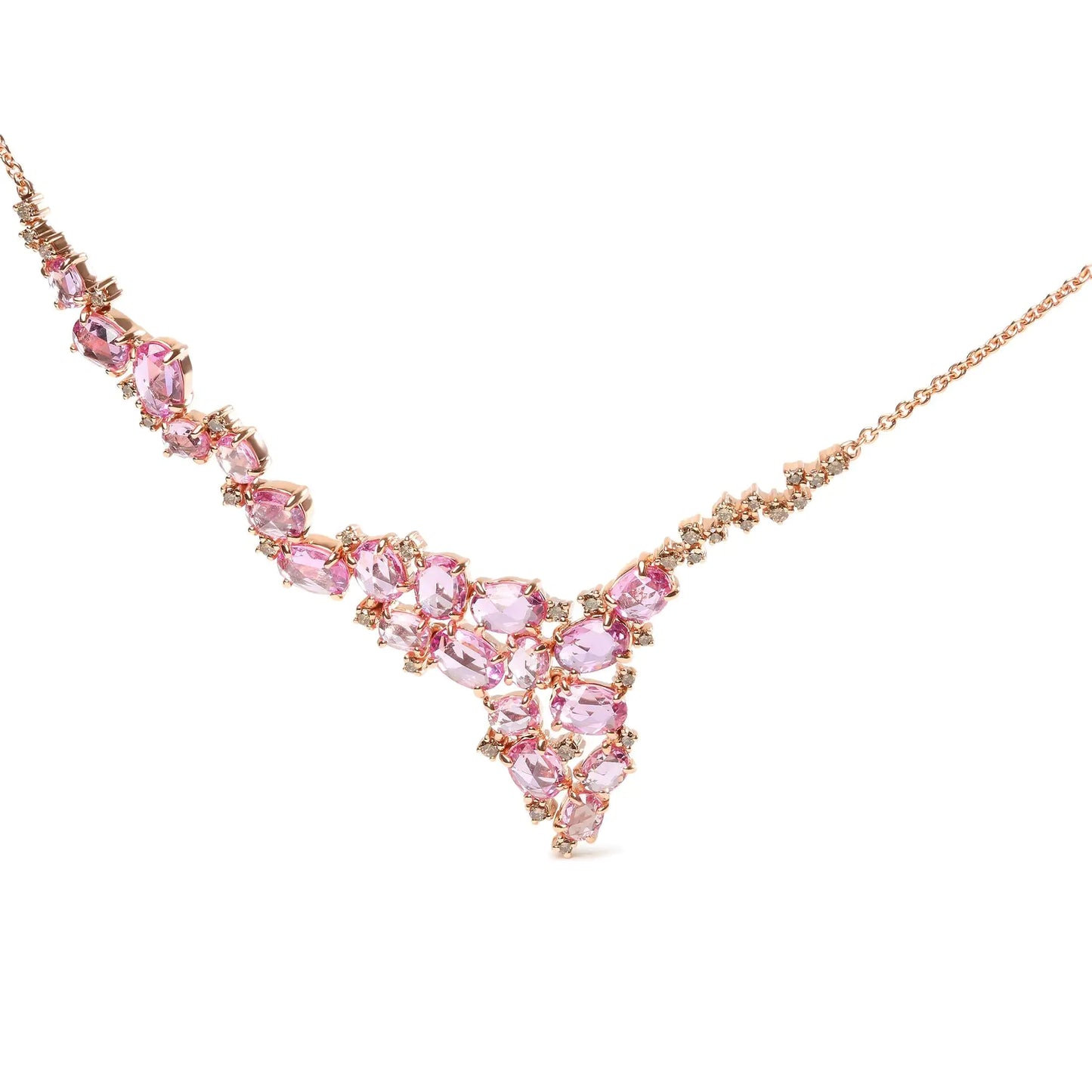 18K Rose Gold 1/2 Cttw Brown Diamond and Multi-Size Oval Pink Sapphire Cluster Cascade Statement Station Necklace (Brown Color, SI1-SI2 Clarity) - Adjustable up to 14" to 16"