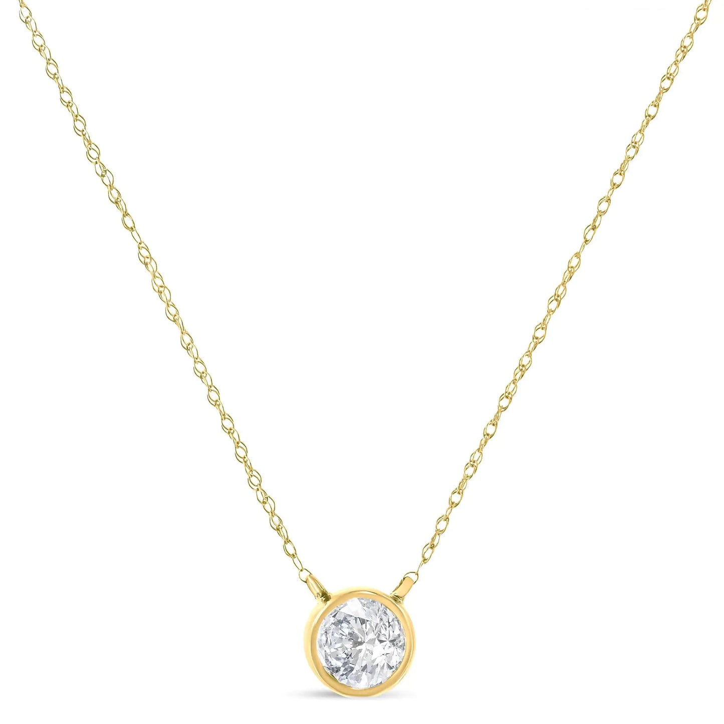 AGS Certified 10K Yellow Gold 1/3 Cttw Bezel Set Round Diamond Solitaire 16-18" Adjustable Pendant Necklace (I-J Color, SI2-I1 Clarity)