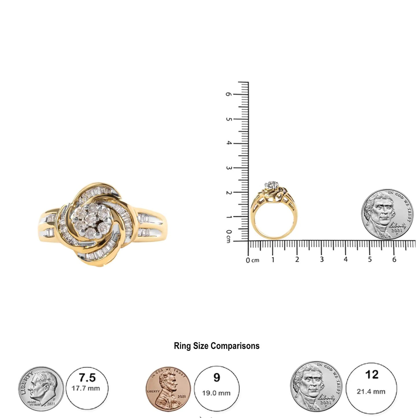 10K Yellow Gold 1/2 Cttw Round and Baguette Diamond Flower Swirl Cocktail Ring (I-J Color, SI2-I1 Clarity)