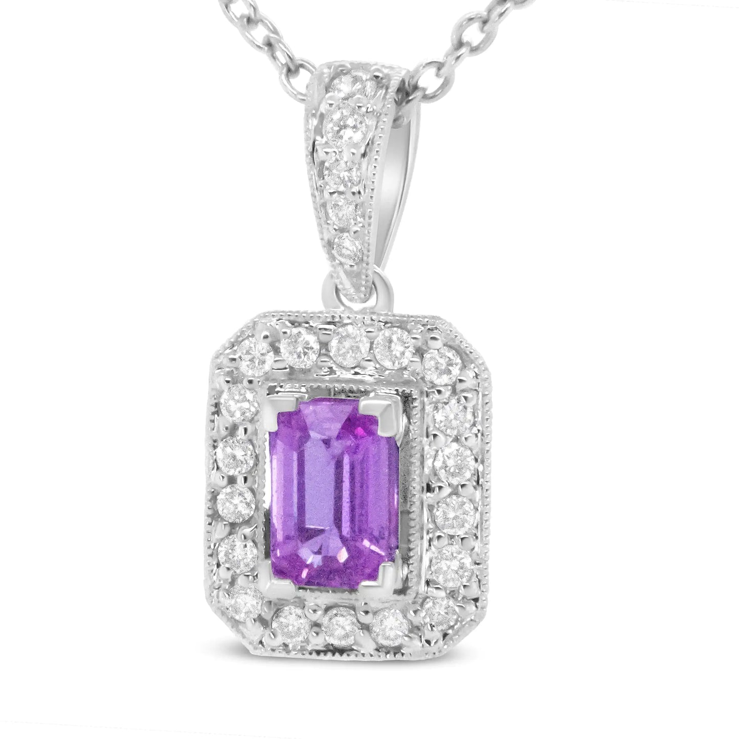 18K White Gold 6x4mm Pink Sapphire and 1/4 Cttw Pave-Set Round Diamond Pendant 18" Necklace - (H-I Color, VS1-VS2 Clarity)