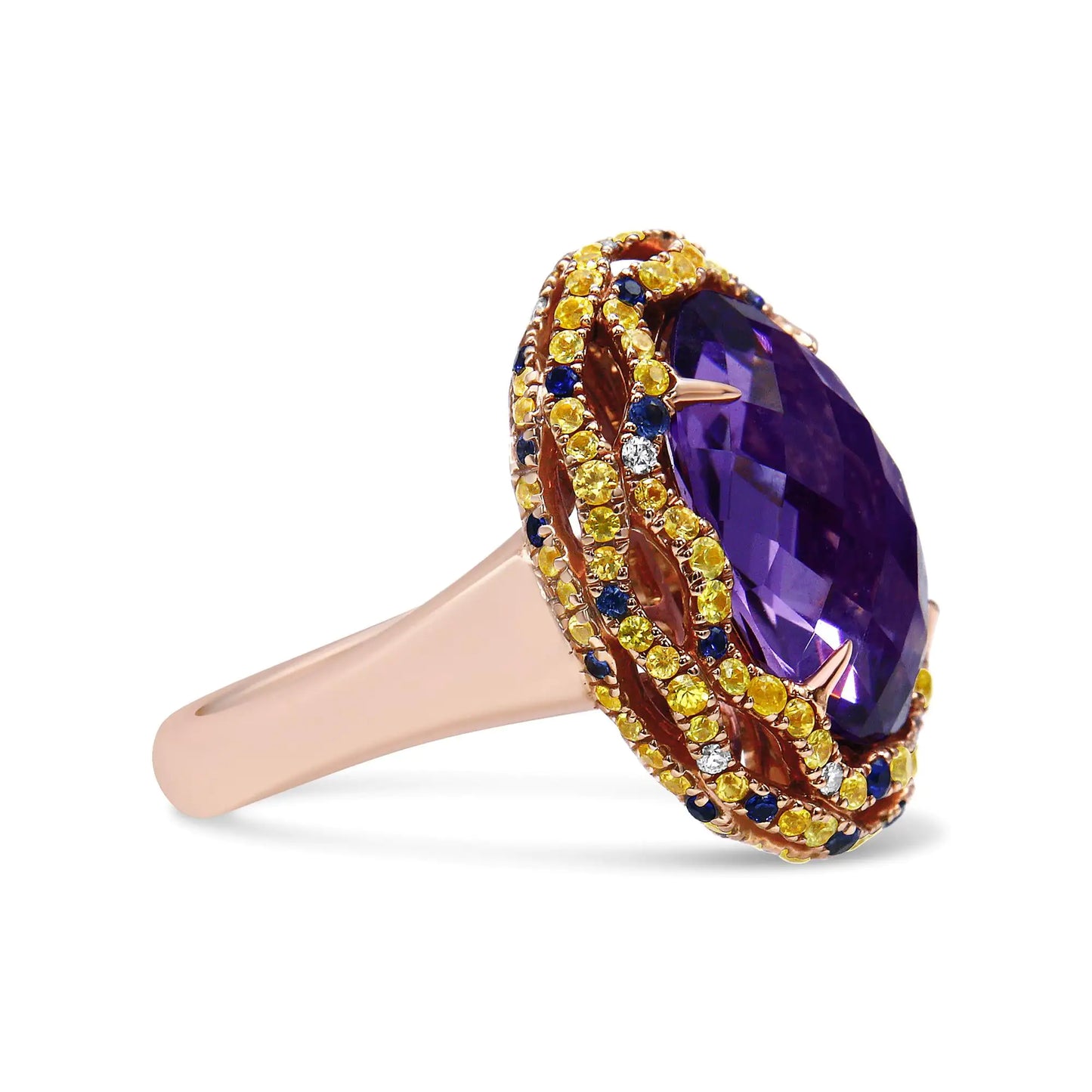 18K Yellow and Rose Gold Claw Prong Set Checkerboard Cut Purple Amethyst, Blue & Yellow Sapphire, Diamond Accent Cocktail Ring Band (F-G Color, VS1-VS2 Clarity)