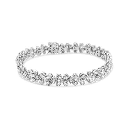 14K White Gold 1 1/2 Cttw Round Diamond Floral Clover-Shaped Link Bracelet (H-I Color, SI1-SI2 Clarity) - Size 7"