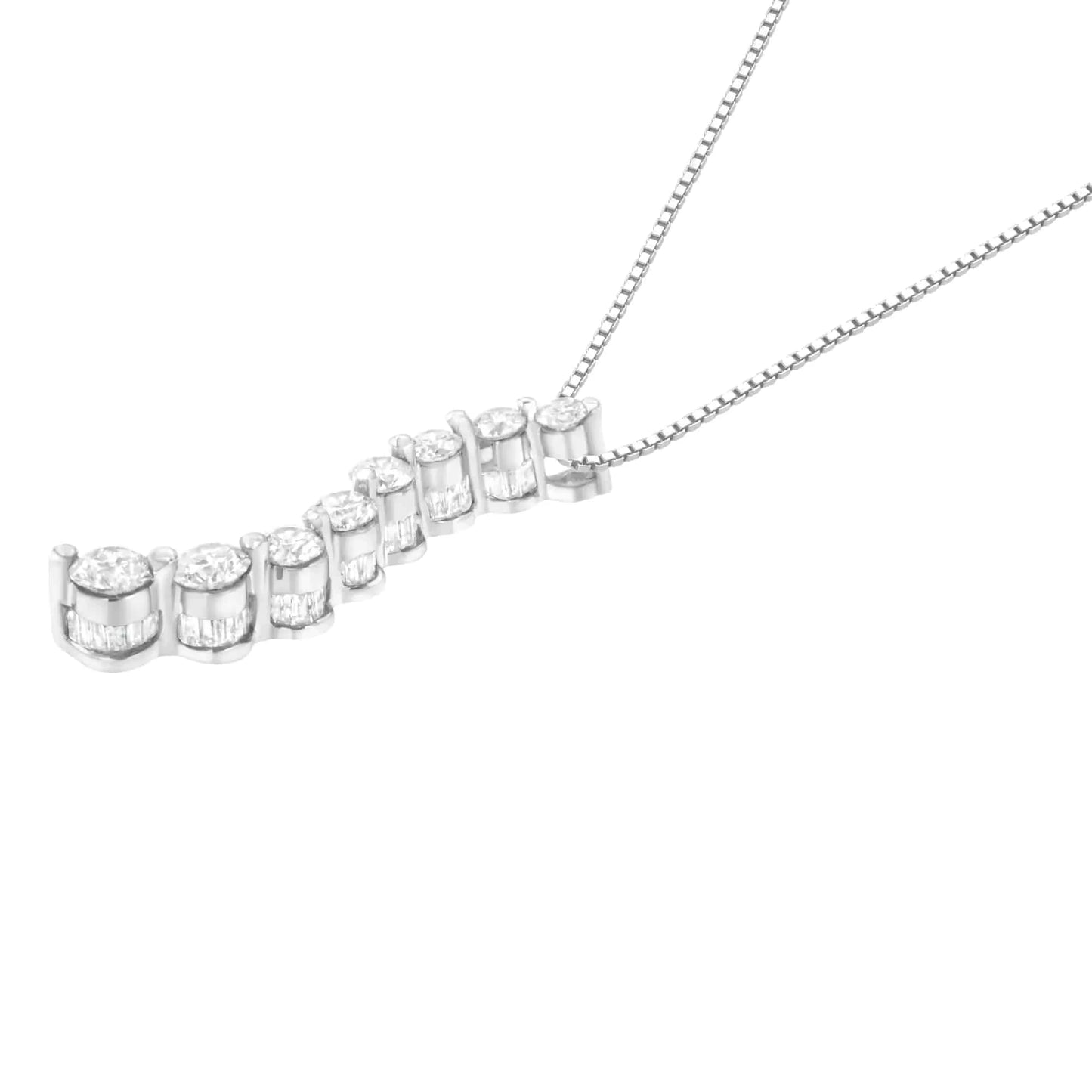 AGS Certified 14k White Gold 3.0 Cttw Baguette and Brilliant Round-Cut Diamond Journey 18" Pendant Necklace (K-L Color, I1-I2 Clarity) - Carat&Crown