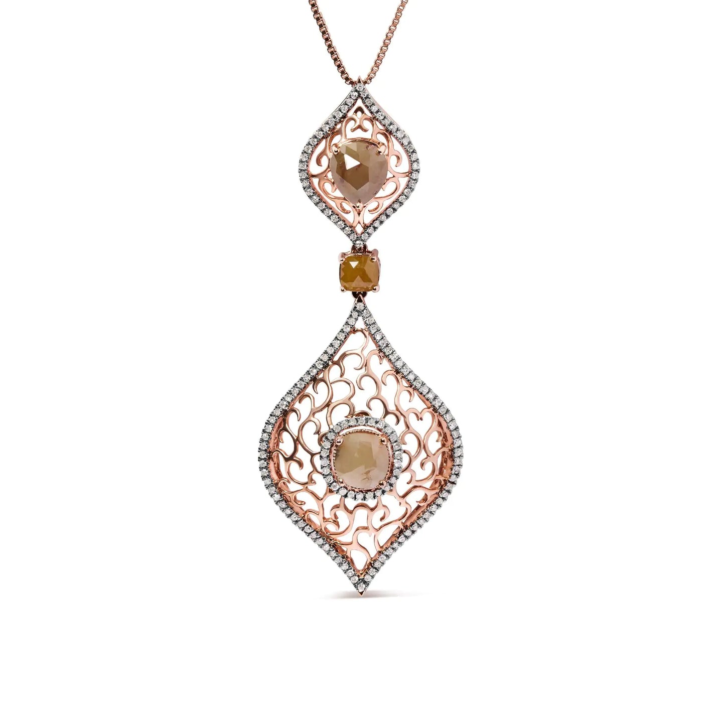 14K Rose Gold 4 5/8 Cttw Rose Cut Diamond and White Diamond Double Floral Rhombus 18" Inch Pendant Necklace (Brown/I-J Color, I1-I2 Clarity)