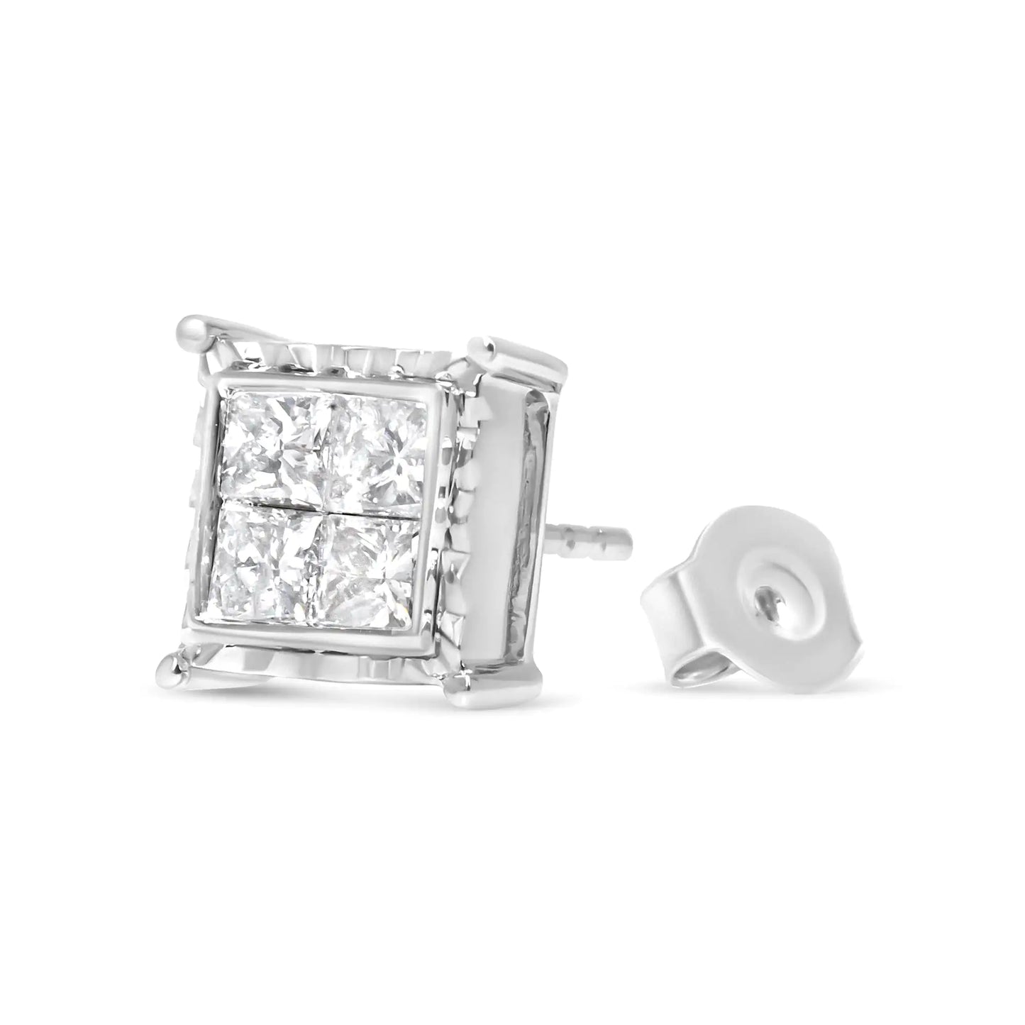 14K White Gold 1 1/2 Cttw Invisible Set Princess-Cut Diamond Contemporary Wavy Quad Stud Earrings (I-J Color, I1-I2 Clarity)