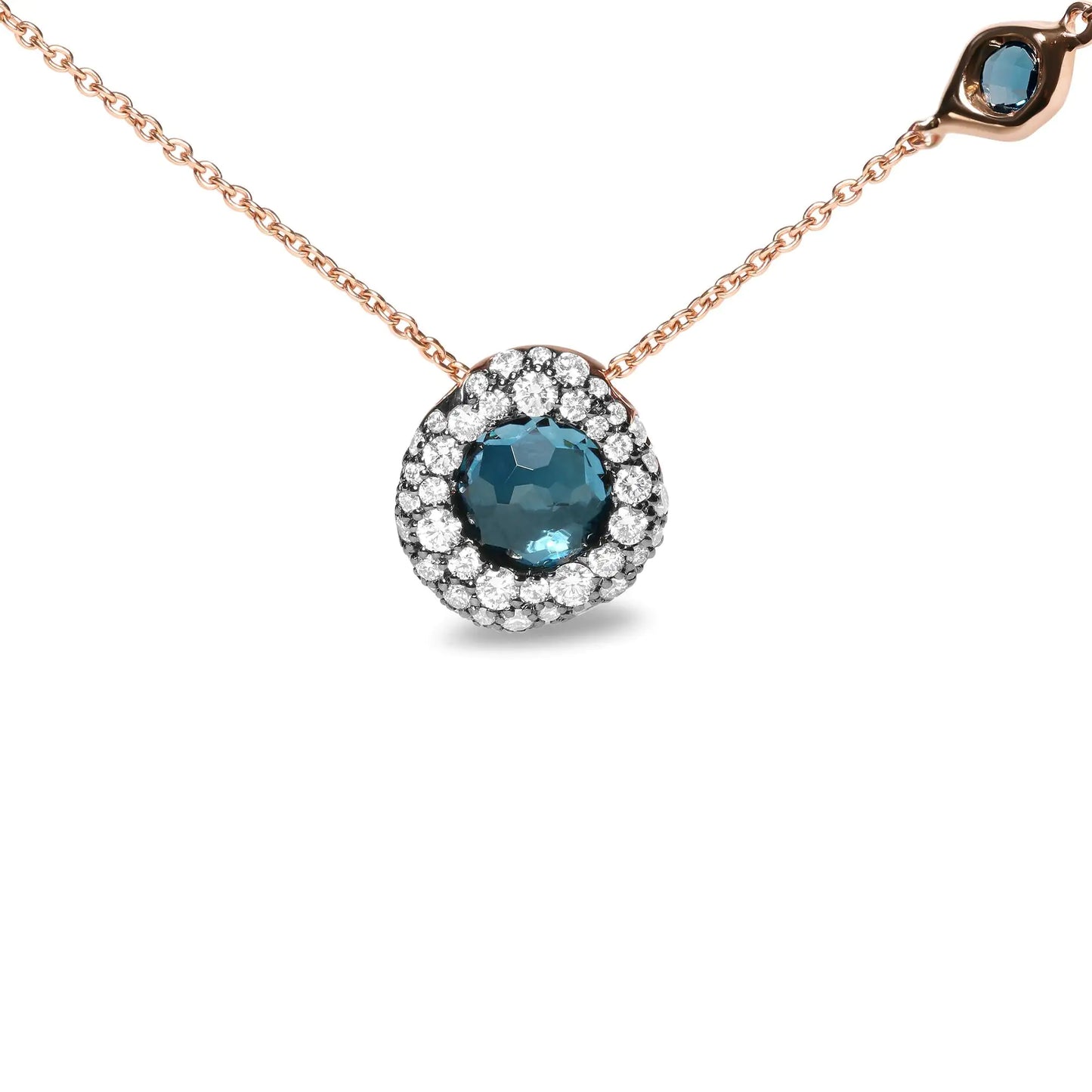 18K Rose Gold 5/8 Cttw Diamond and London Blue Topaz Gemstone Bezel-Set Cluster 18" Station Necklace (G-H Color, SI1-SI2 Clarity) - Adjustable up to 16" - 18"