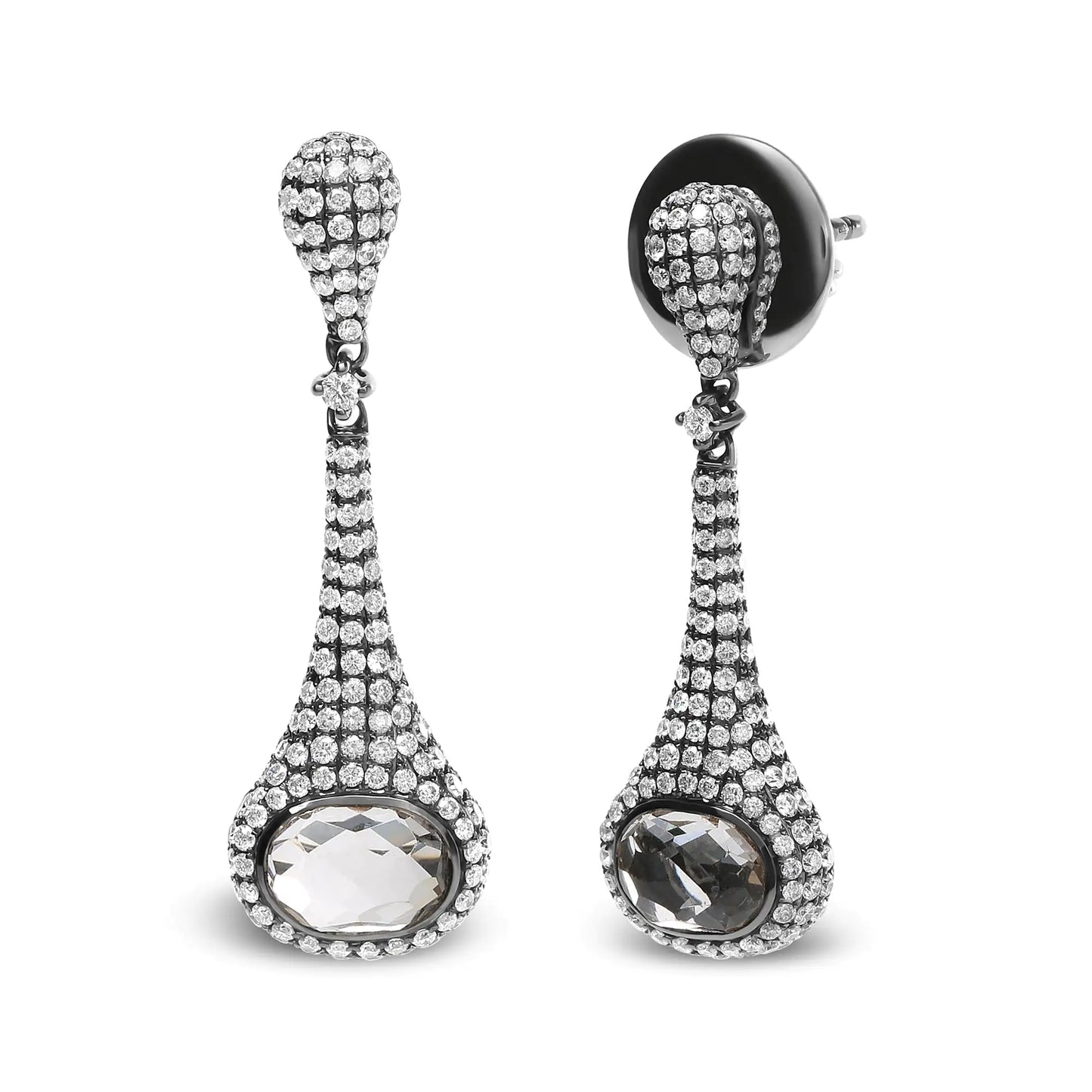 Black Rhodium Plated 18K White Gold 1 3/8 Cttw Round Pave Diamonds and 8x6mm Oval White Quartz Gemstone Sculptural Drop and Dangle Earrings (G-H Color, SI1-SI2 Clarity)