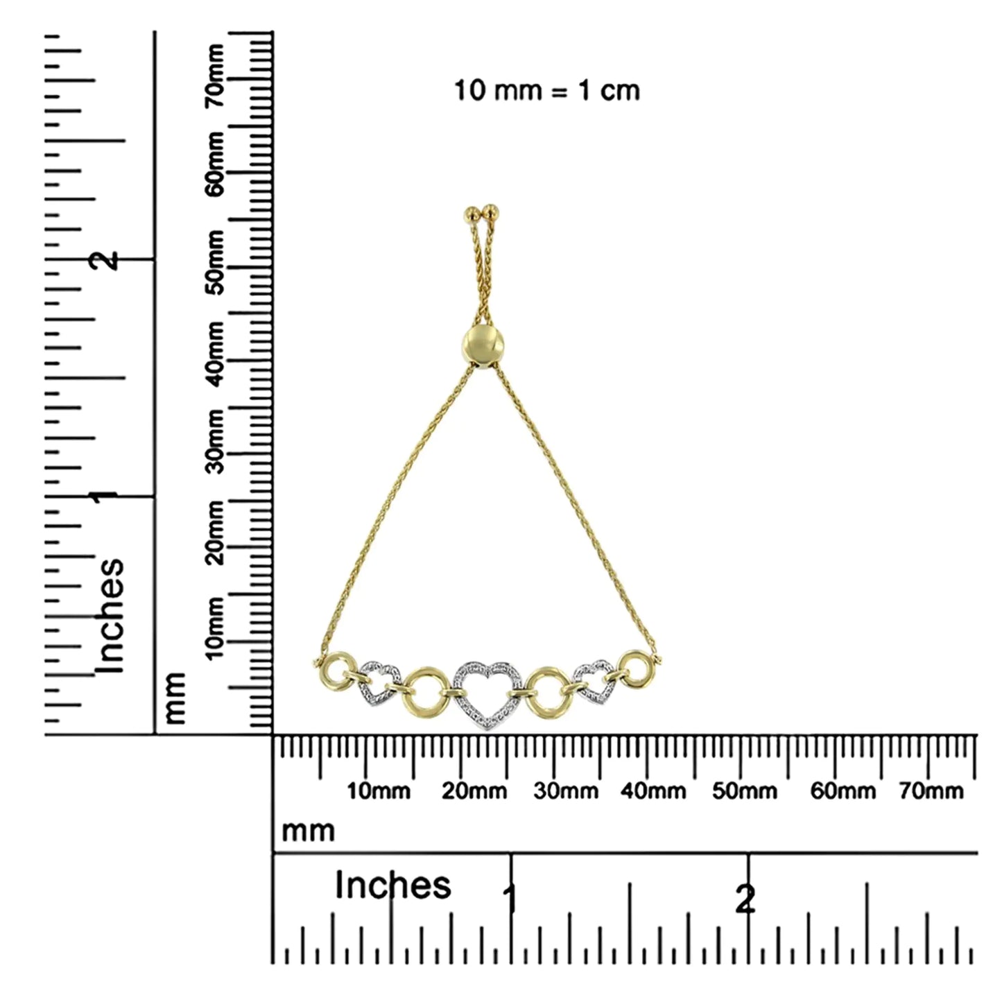 10K Yellow Gold over .925 Sterling Silver 1/10 Cttw Round-Cut Diamond Heart-Link Adjustable Bolo Bracelet (H-I Color, I2-I3 Clarity) - 6"-9" Adjustable